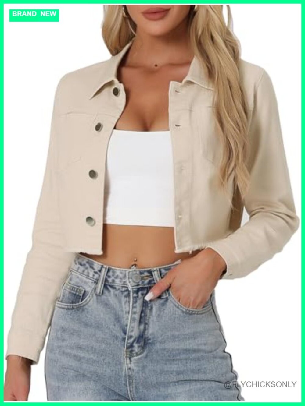 Cropped Denim Jacket Frayed Hem Button Up Long Sleeve Trendy